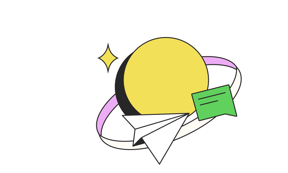 Illustration of a yellow planet with white and pink rings, a white paper airplane, a green chat bubble, and a yellow sparkle.