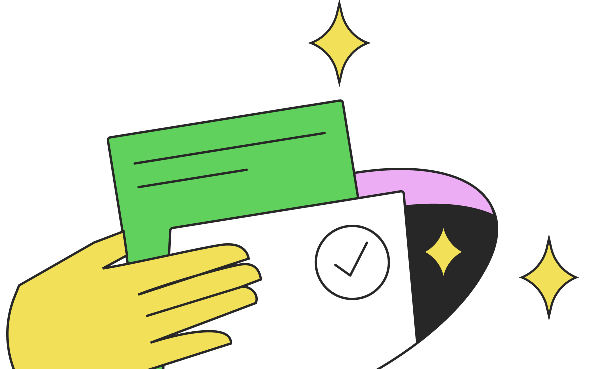 Yellow hand holding a green card and a white card with a checkmark, with yellow sparkles around.