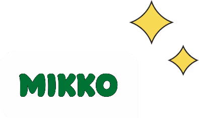Green text 'MIKKO' with two yellow sparkle icons on a white rounded square background.
