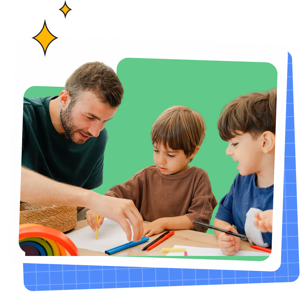 Adult man helping two young boys with coloring using markers at a table.