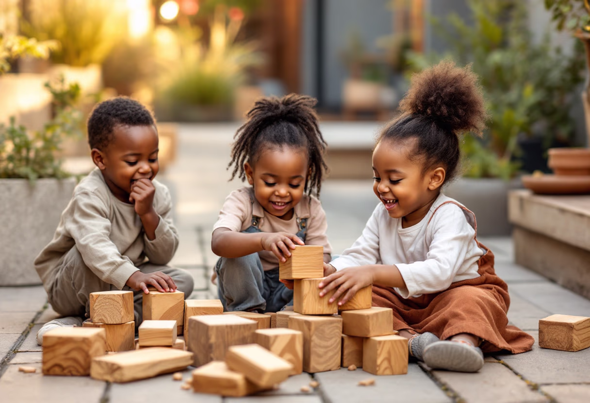 image of children building with blocks in a daycare outdoor area