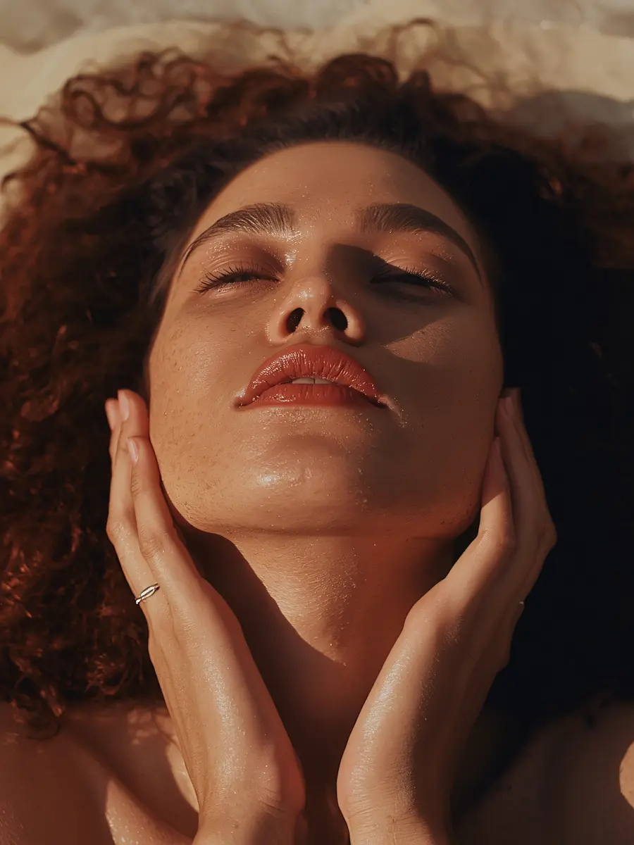 Close-up of a serene woman with curly hair touching her face under warm sunlight.