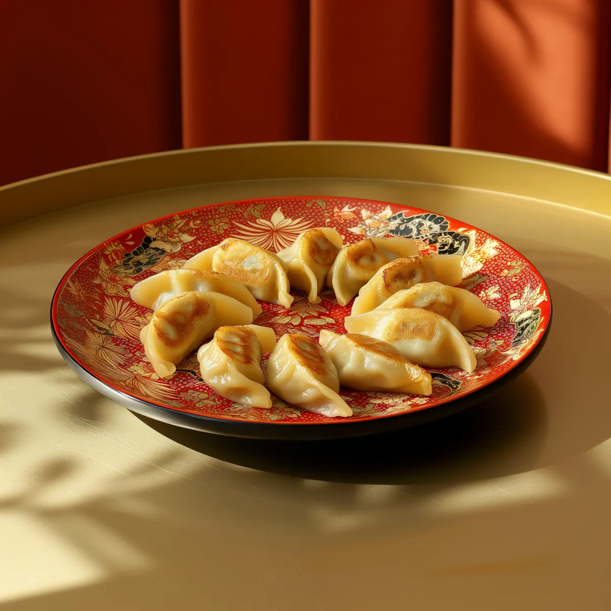 Pan-seared dumplings arranged in a circle on a red decorative plate with floral patterns, placed on a gold table.