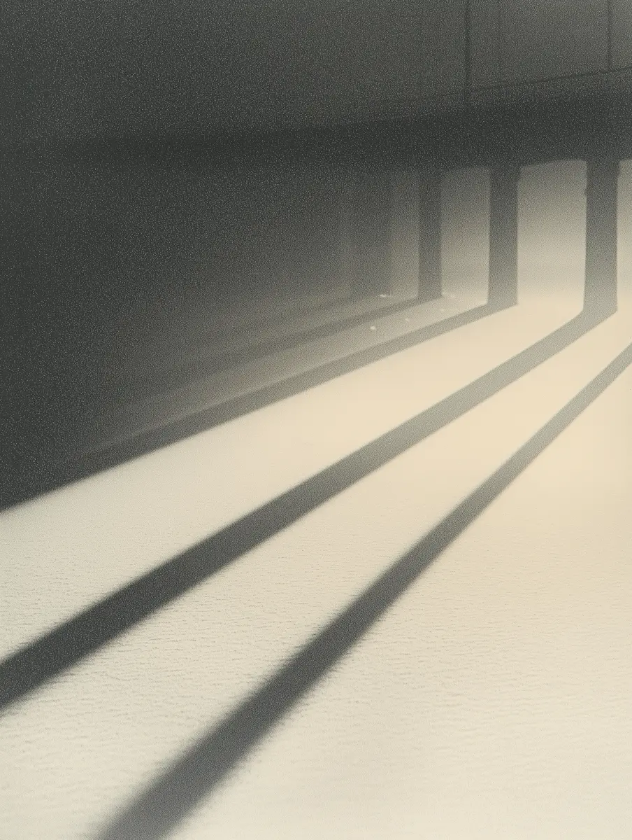 Long shadows cast by window panes on a textured light floor creating parallel dark lines.