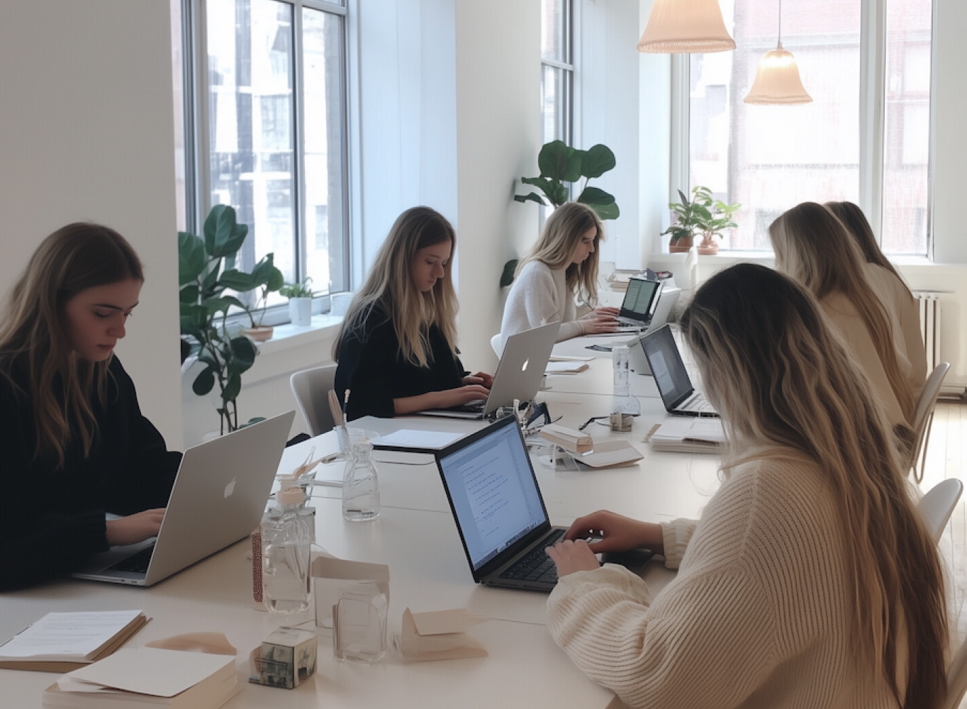 Young women working on laptops at a long white table in a bright, modern office with large windows and plants.