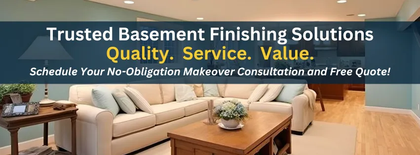 Living room with beige sofas, wooden coffee table, lamp, and indoor plants with text overlay promoting trusted basement finishing solutions.