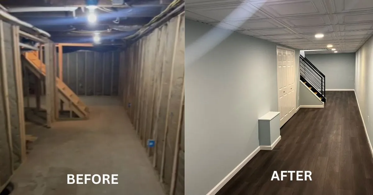 Side-by-side comparison of a basement before and after renovation, showing unfinished wooden framing and concrete floor transformed into a finished room with light blue walls, white ceiling tiles, recessed lighting, dark wood flooring, and a staircase with a black railing.
