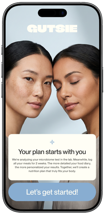 Smartphone screen showing a wellness app with two women, one with freckles and one with closed eyes, above text about personalized nutrition plans and a button labeled 'Let’s get started!'