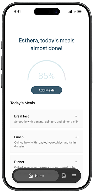 Smartphone screen showing a meal tracking app with user Esthera, displaying 85% meal completion and details for breakfast, lunch, and dinner.