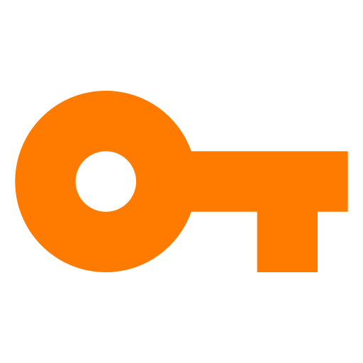 Orange key icon with circular head and rectangular shaft on black background.
