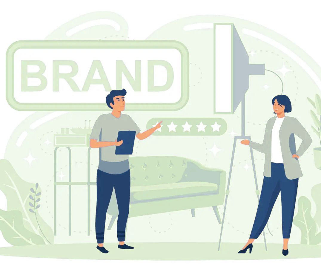 Two people discussing brand strategy next to a screen displaying a five-star rating and the word BRAND.