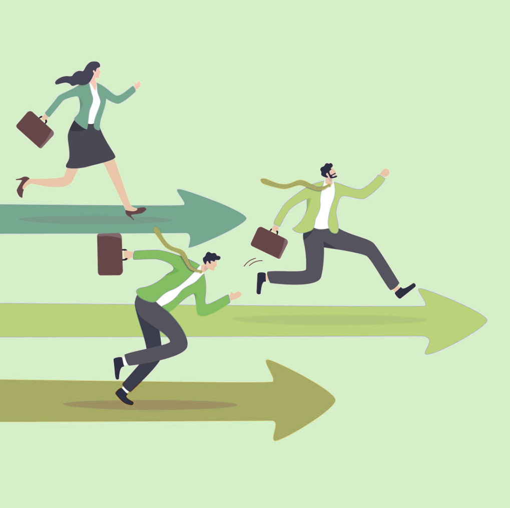 Illustration of three businesspeople running forward on large arrows representing competition or progress.