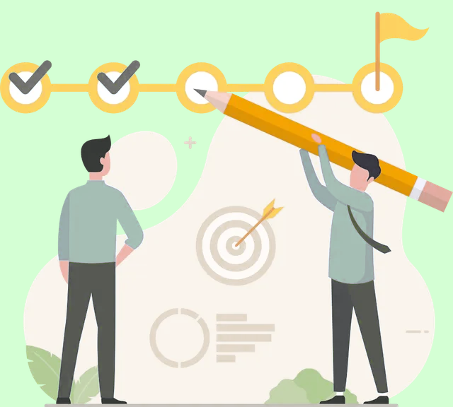 Two men with one holding a large pencil ticking off steps on a progress timeline towards a flag with a target and charts in the background.