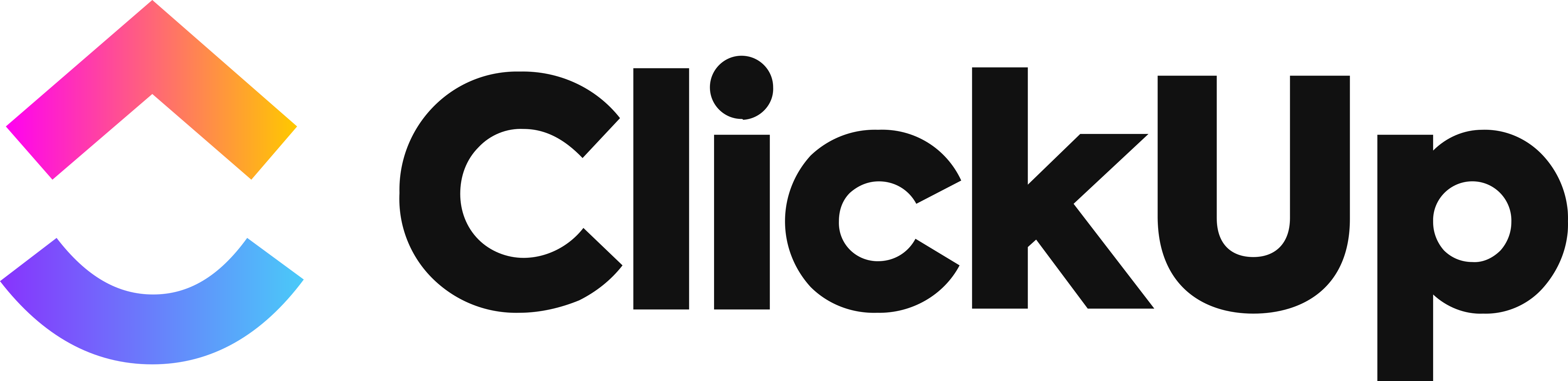 ClickUp brand logo with a colorful upward and downward arrow symbol.