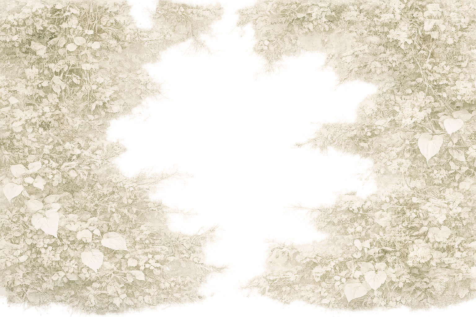 Blekt illustrerat lövmönster med hjärtformade löv i en kant runt en tom central yta.