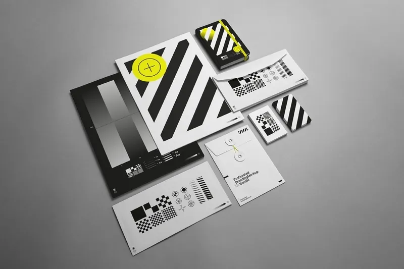 Full stationary mockup containing envelopes, bussinnescards, a4 paper and a notebook mockup