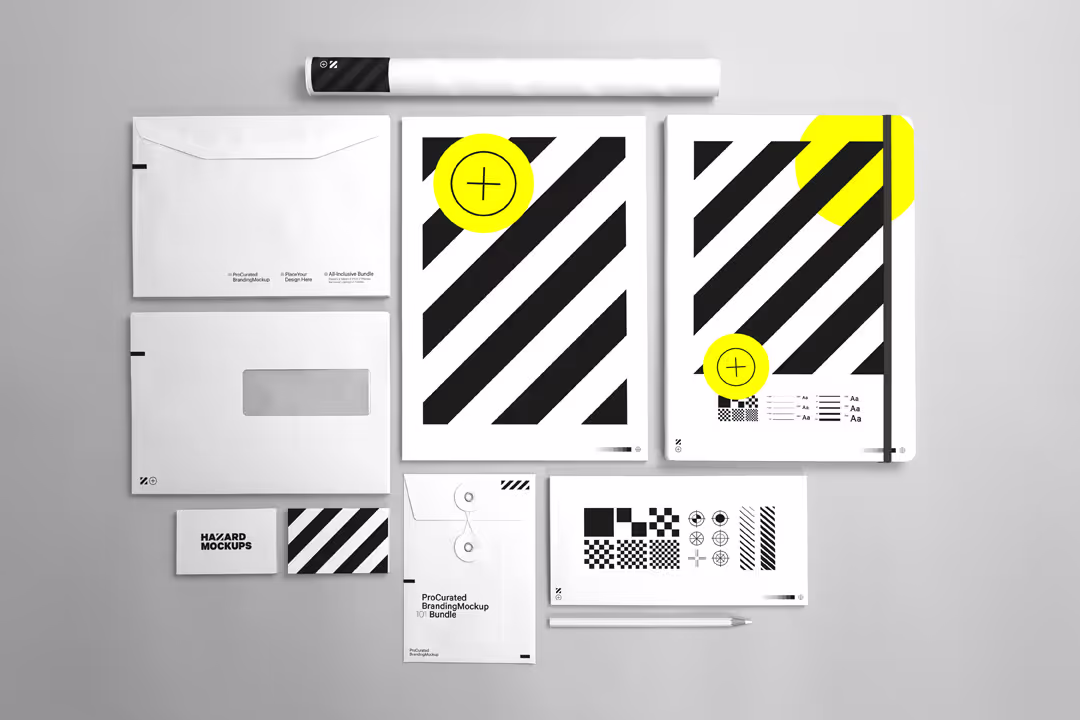 Full stationary mockup containing envelopes, bussinnescards, a4 paper and a notebook mockup