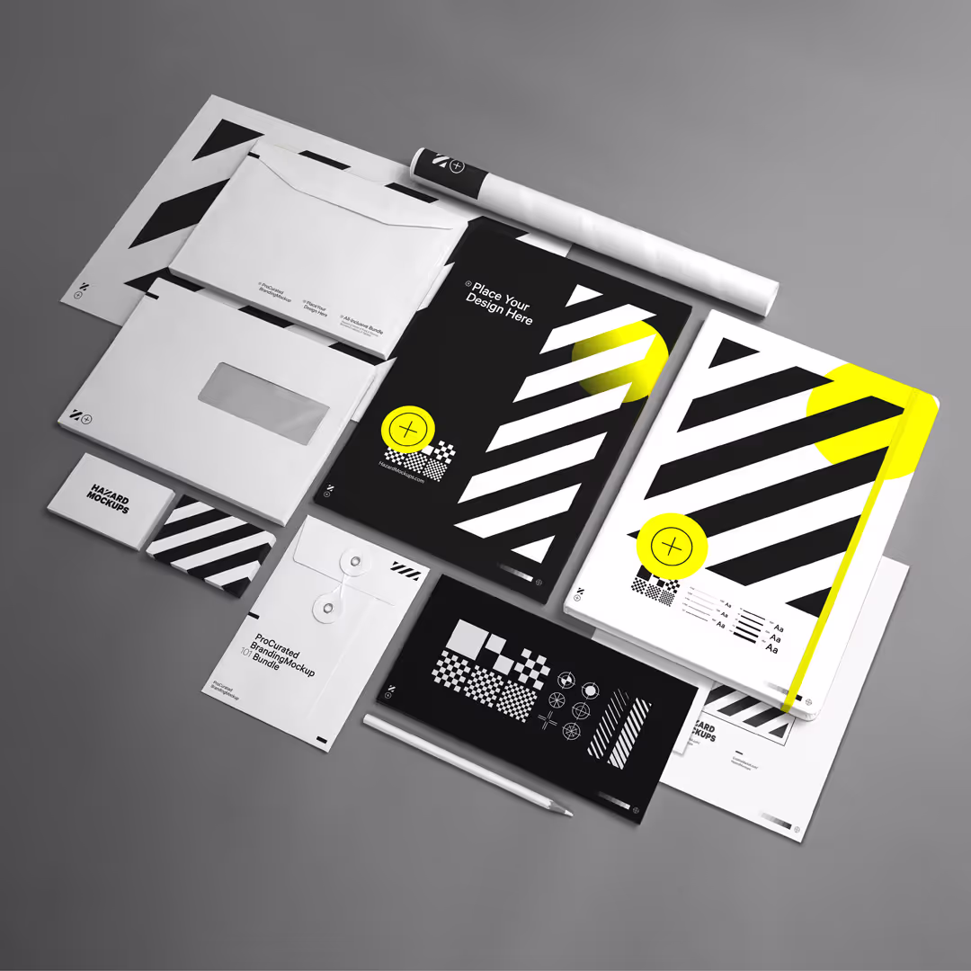 Curated full branding mockup bundle. A complete mockup bundle for all your presentations. Including device mockup, poster mockup, billboard mockup, totebag mockup, stationary mockup and many more. Save time and save money with with this presentation-ready branding mockup bundle!