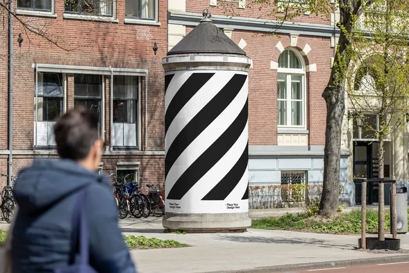 Poster pillar mockup with realist 3D wrapping. Unique advertising campaign mockup