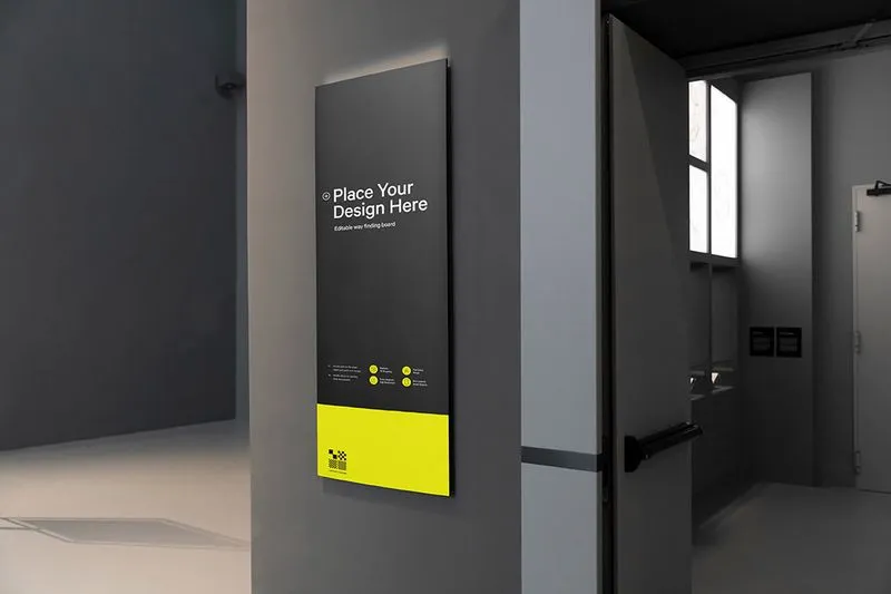 Horizontal wayfinding signage board mockup in minimal space. This mockup is perfect to present your event, museum or other branding identity. High resolution and very easy to adjust.