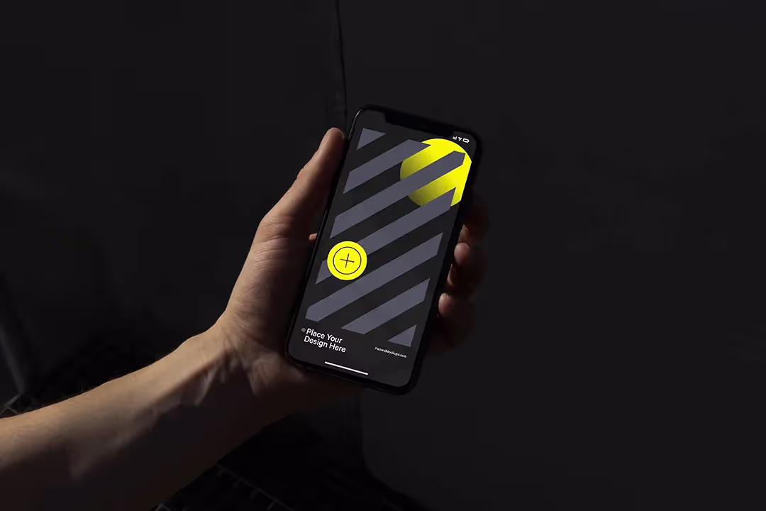 Handheld portrait mode iPhone mockup on dark background.