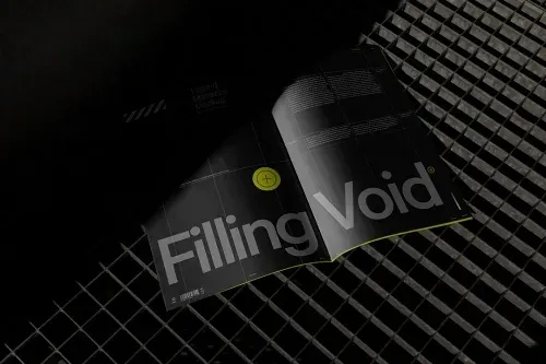 Magazine mockup on dark steel background with realistic shadow effect