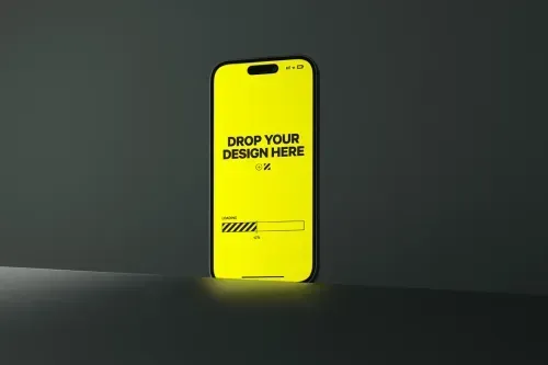 Minimal iPhone 14 Pro device in minimalistic studio setting on futuristic frosted glass table