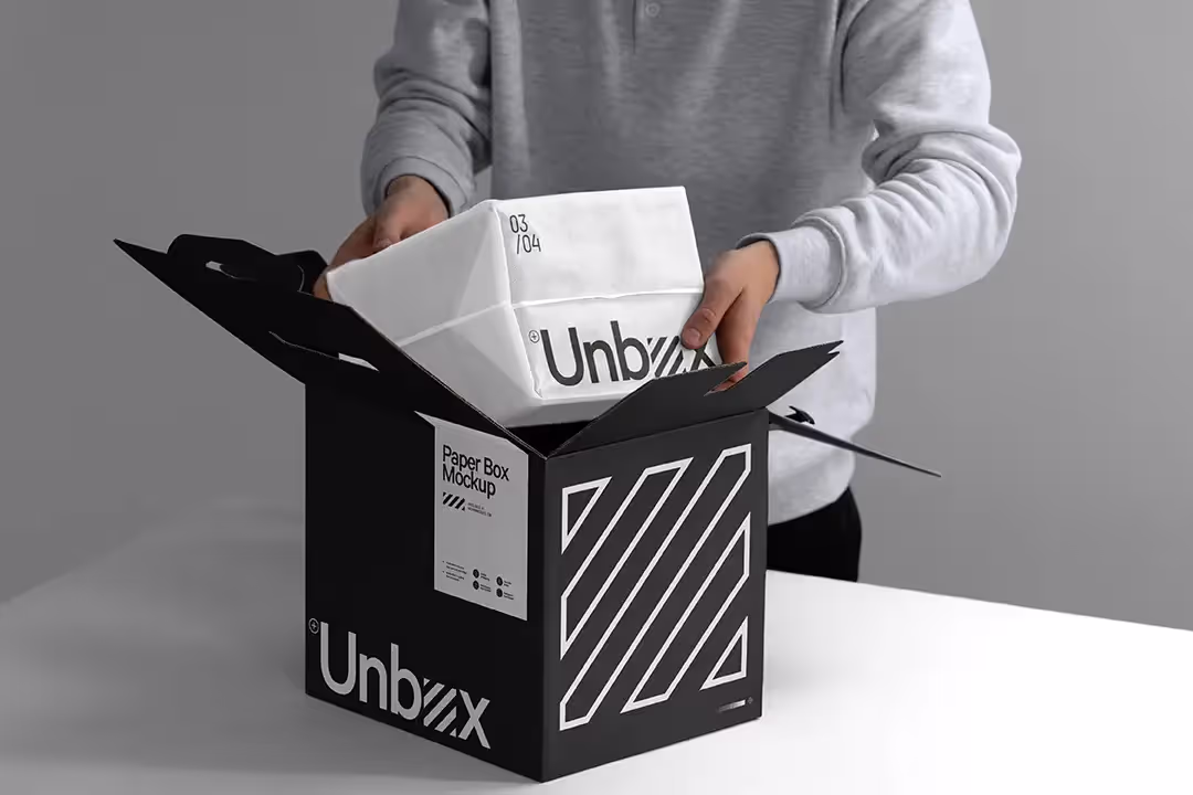 Packaging mockup containing highly editable cardboard box mockup. Customer unboxing a product in studio setting. 