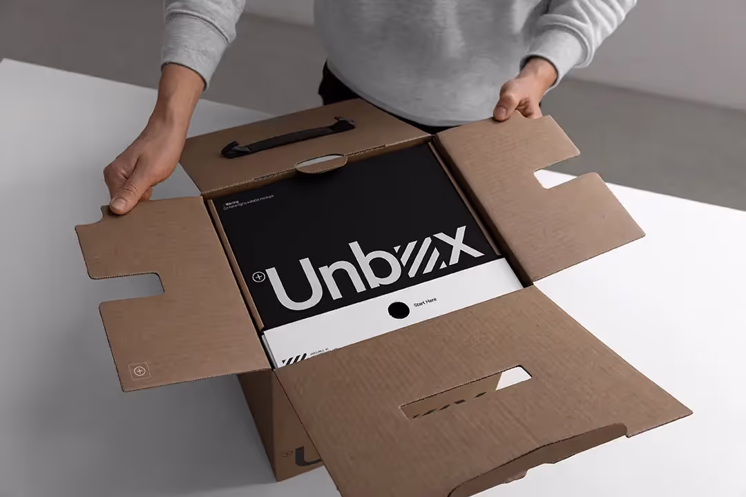 Packaging mockup containing highly editable cardboard box mockup. Customer unboxing a product.