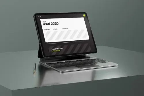 Landscape iPad 2020 in luxury case with adjustable screen reflection on keyboard in minimal setting standing on frosted glass table