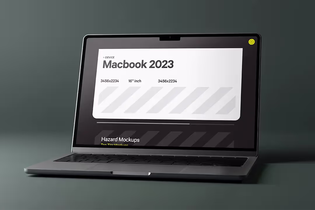Minimal studio setting with the newest Macbook 2023 in Space Grey. Perfect to present your UX or UI digital project to let your designs shine like they deserve
