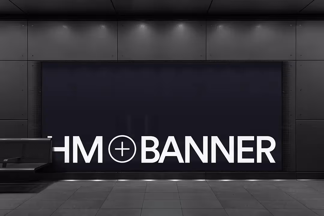 Clean LED Screen banner mockup in futuristic metro station in Amsterdam. This mockup consists of adjustable reflection and couch layers, to create a realistic effect