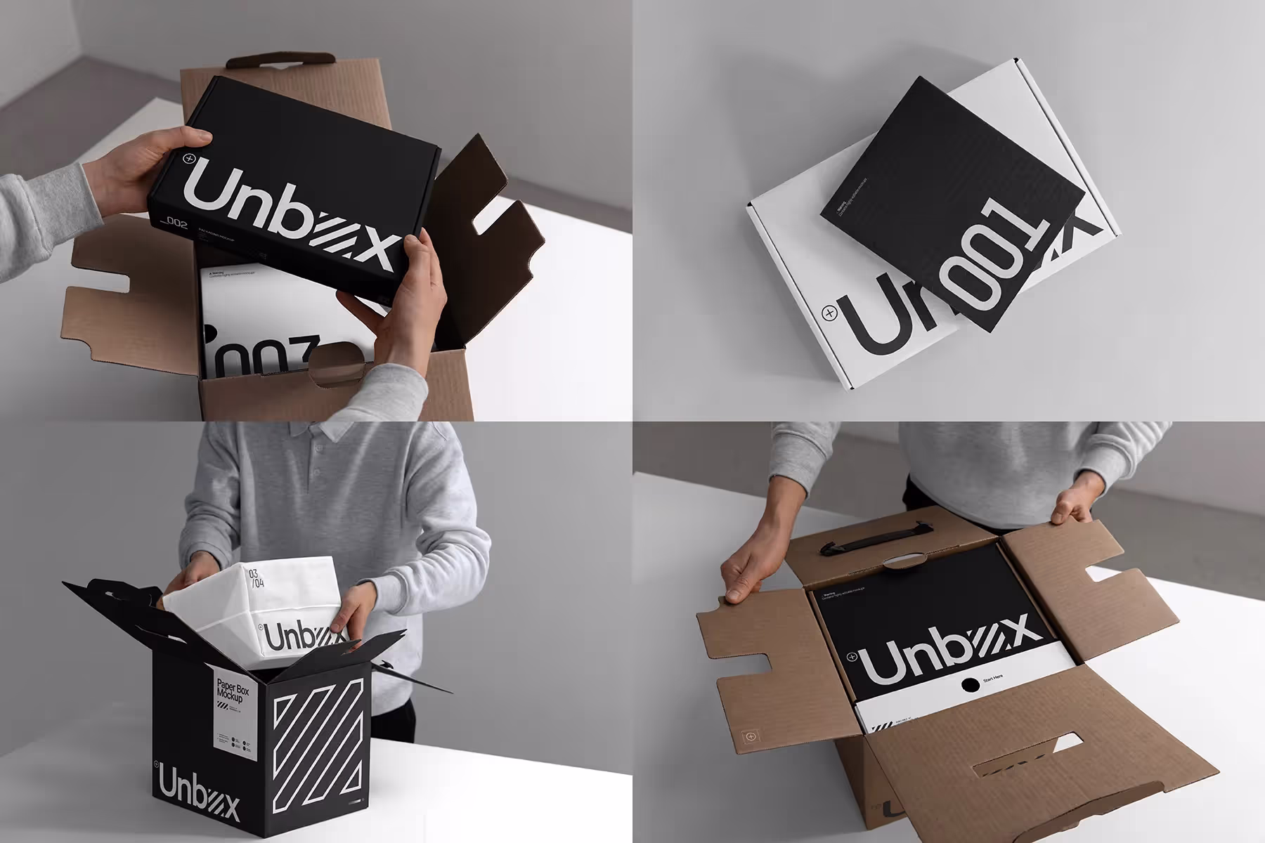 This curated unboxing mockup pack is a perfect project shiner and time saver to bring your branding projects alive. These organized layered photoshop templated are easy to use by dragging and dropping your creations in the marked smart object