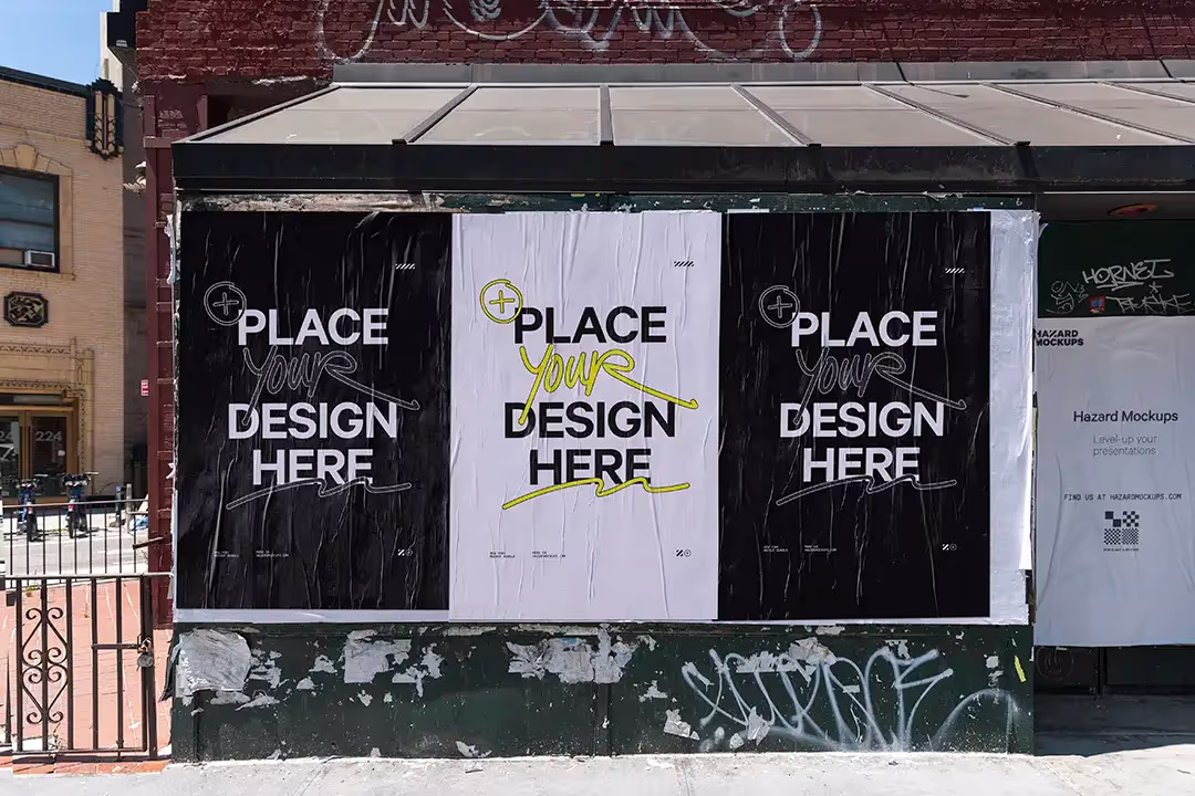 Three wrinkled paper poster mockups, adjustable for all designs, colours and photography. The perfect way to showcase your designs and make your concepts come to life