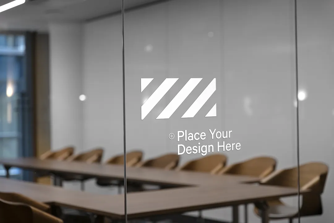 Window sticker mockup featuring a premium office conference room

