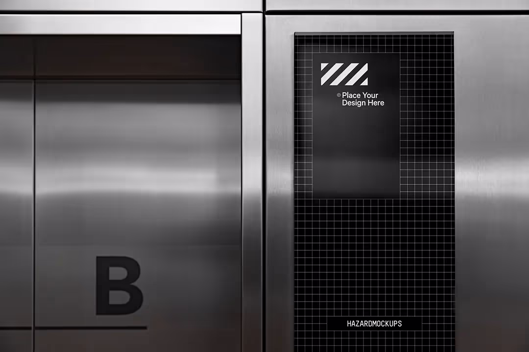 Elevate your branding with this sleek office or public building elevator signage board mockup. Perfect for showcasing your event, museum, or corporate identity, this high-resolution mockup offers a polished and professional presentation. Easily customizable to suit your specific needs.