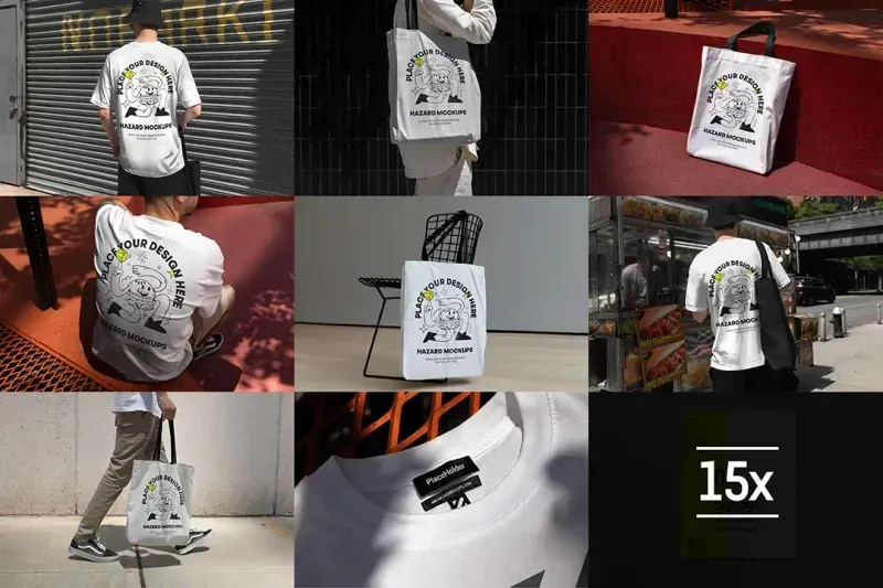 Save time and money with this ready-to-use apparel mockup bundle! Showcase your designs on tote bags, t-shirts, and clothing labels in various settings. Ideal for social media, portfolios, or client presentations, with fully adjustable colors.