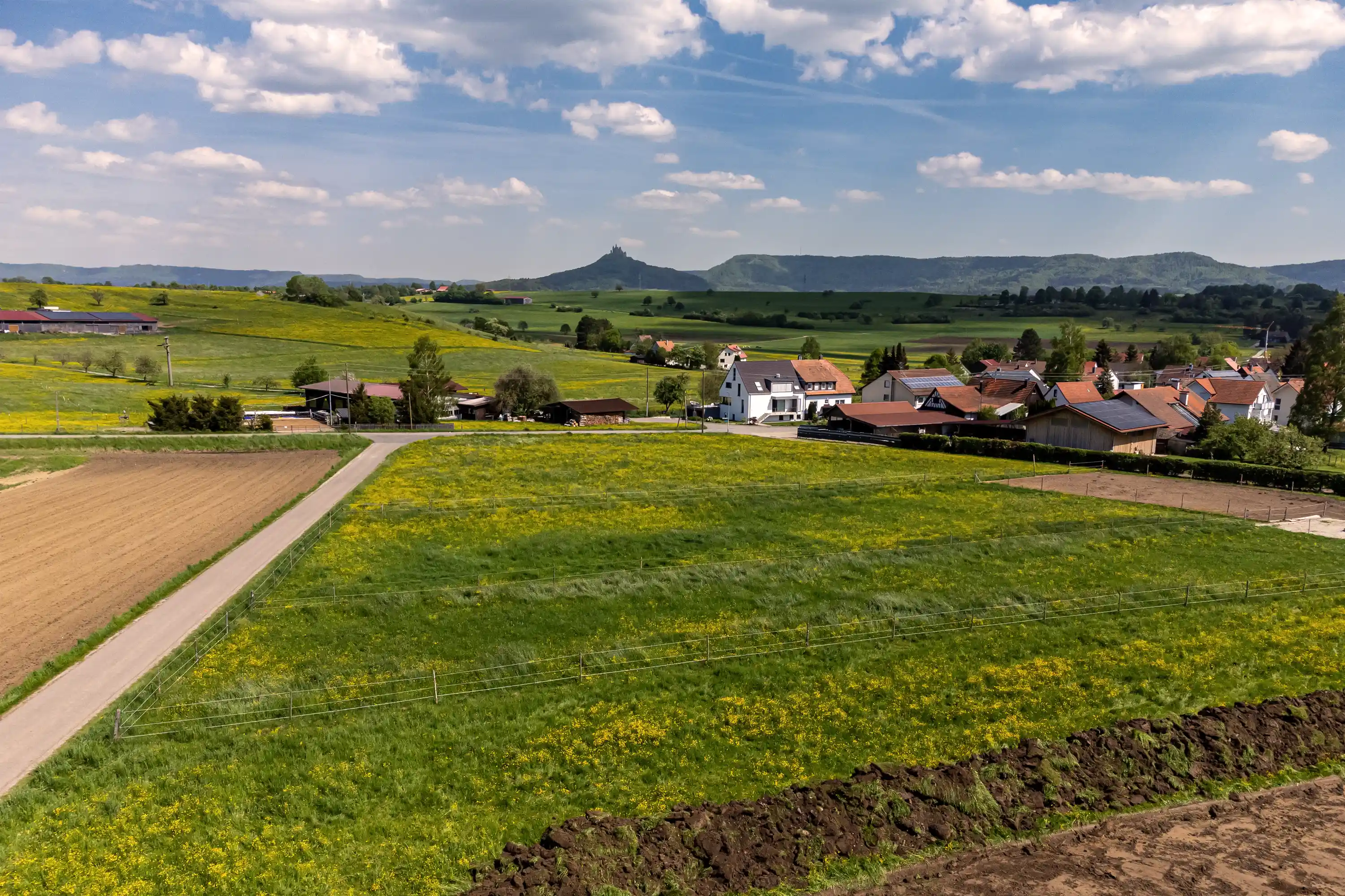 Grünfläche bei Grosselfingen mit Wiesen, Feldern und Ortsrandlage vor Beginn der Bebauung.