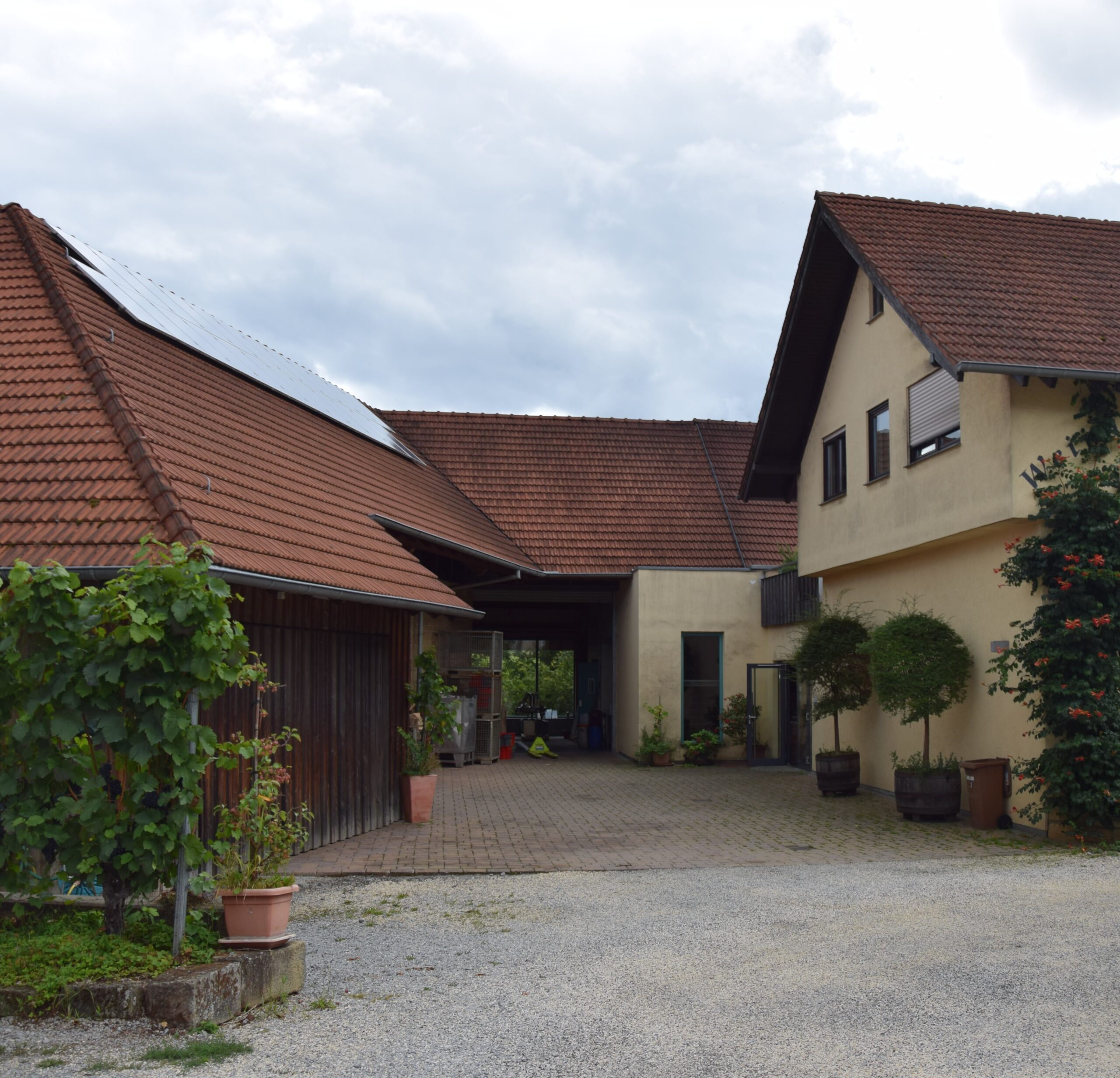 Innenhof eines Weinguts mit Wohn- und Wirtschaftsgebäuden, roten Ziegeldächern und gepflasterter Hoffläche unter bewölktem Himmel