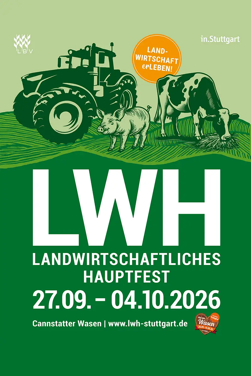Plakat Landwirtschaftliches Hauptfest 2026 in Stuttgart: Traktor, Kuh und Schwein, Termin 27.09.–04.10. auf dem Cannstatter Wasen