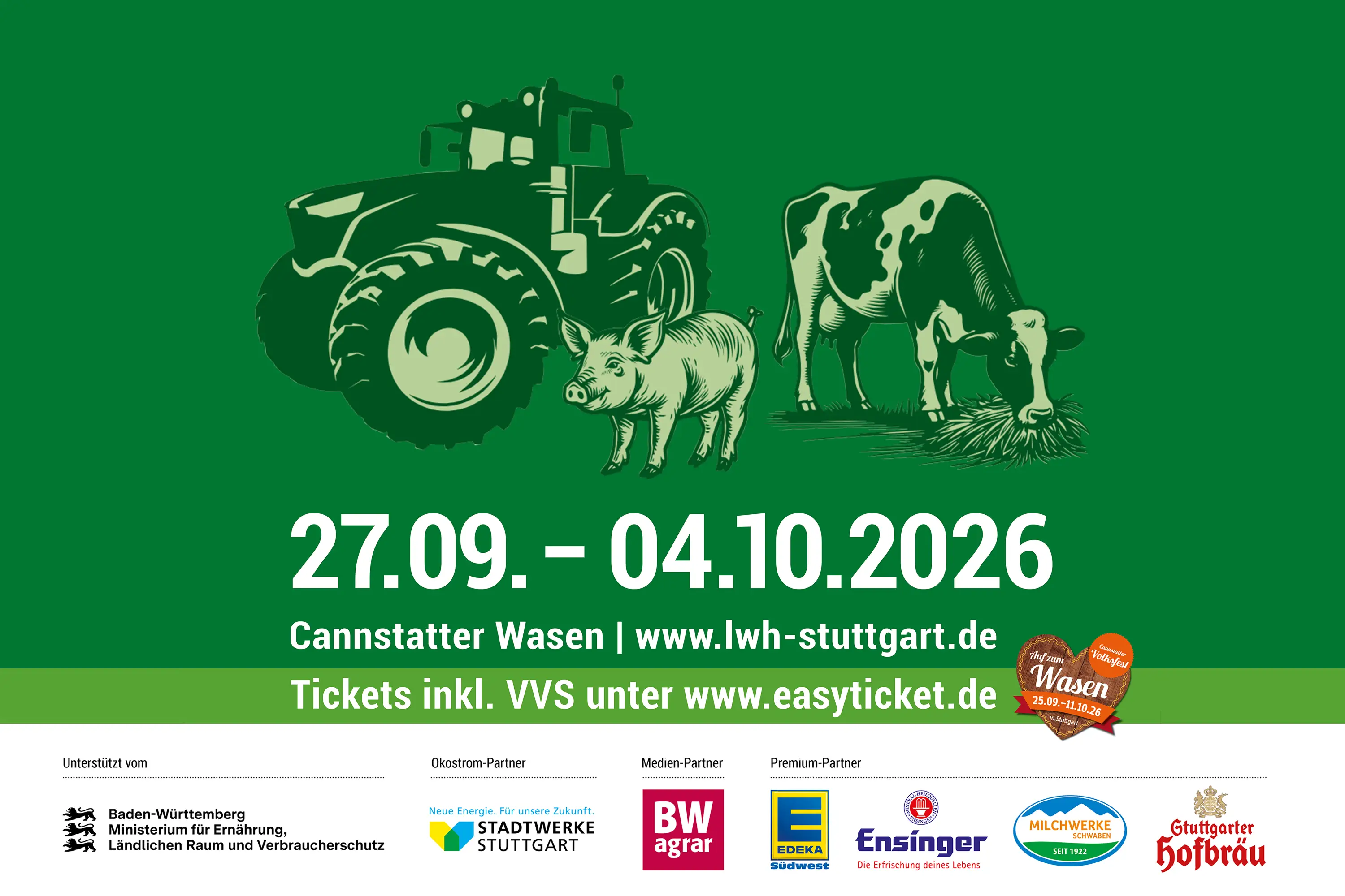 Plakat Landwirtschaftliches Hauptfest 2026 in Stuttgart: Traktor, Kuh und Schwein, Termin 27.09.–04.10. auf dem Cannstatter Wasen