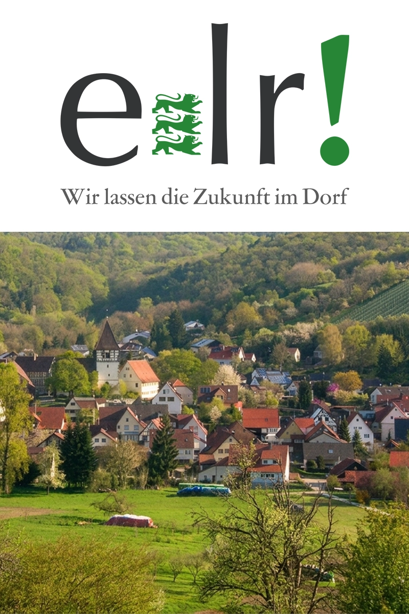 Logo des Entwicklungsprogramms Ländlicher Raum, darunter grüne Wiesen, Bäume und ein charmantes Dorf mit Kirche im Tal.