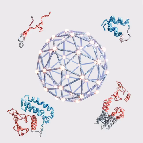 3D molecular network sphere connected by glowing nodes surrounded by four colored protein structures.