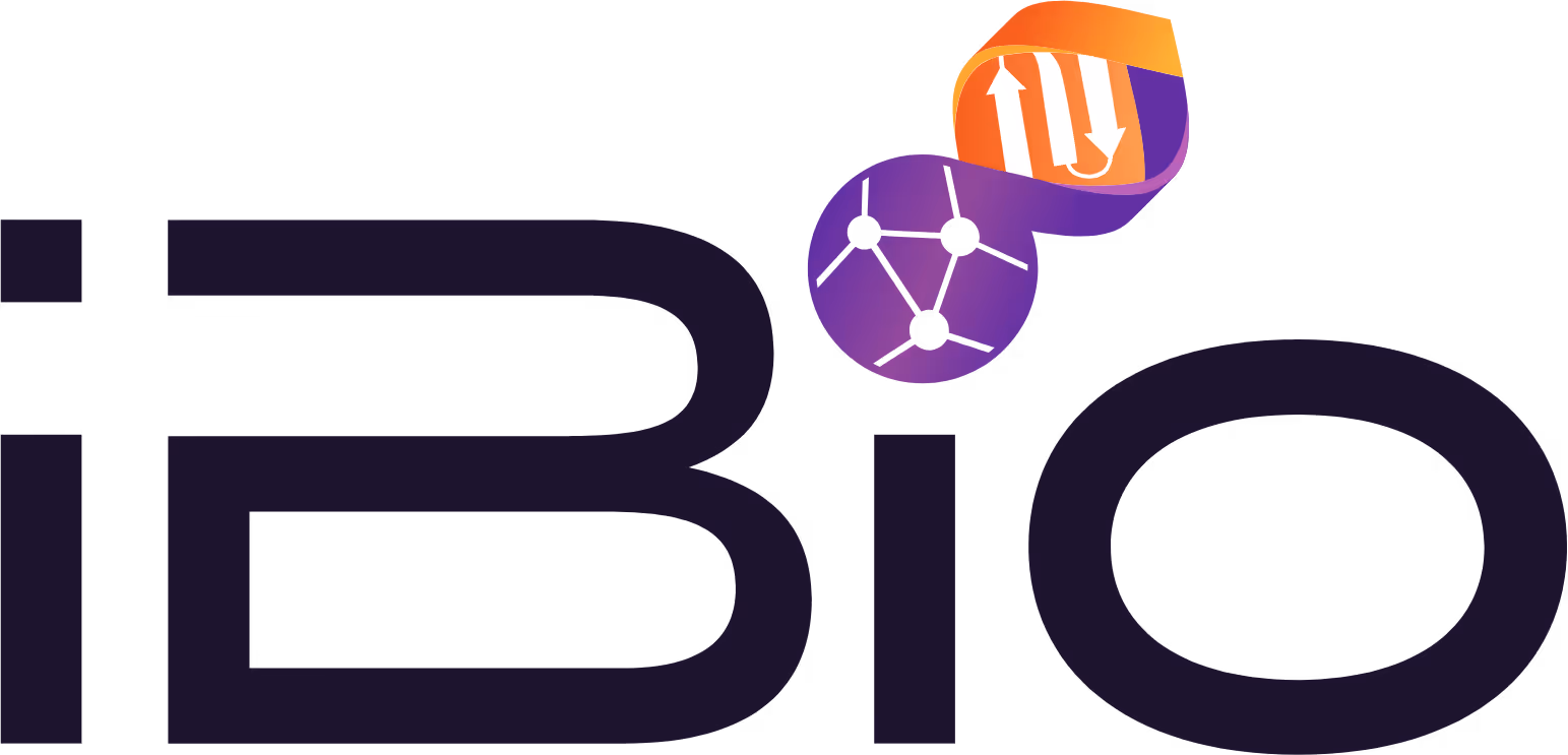 iBio logo featuring dark purple text with orange and purple molecular structure graphic above the letter 'i'.