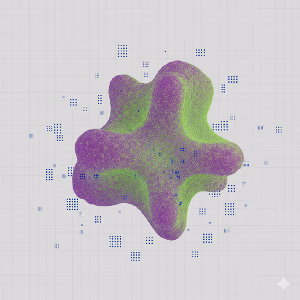 Abstract 3D shape with a cross-like form in textured green and purple, surrounded by floating blue digital square grids on a gray graph background.