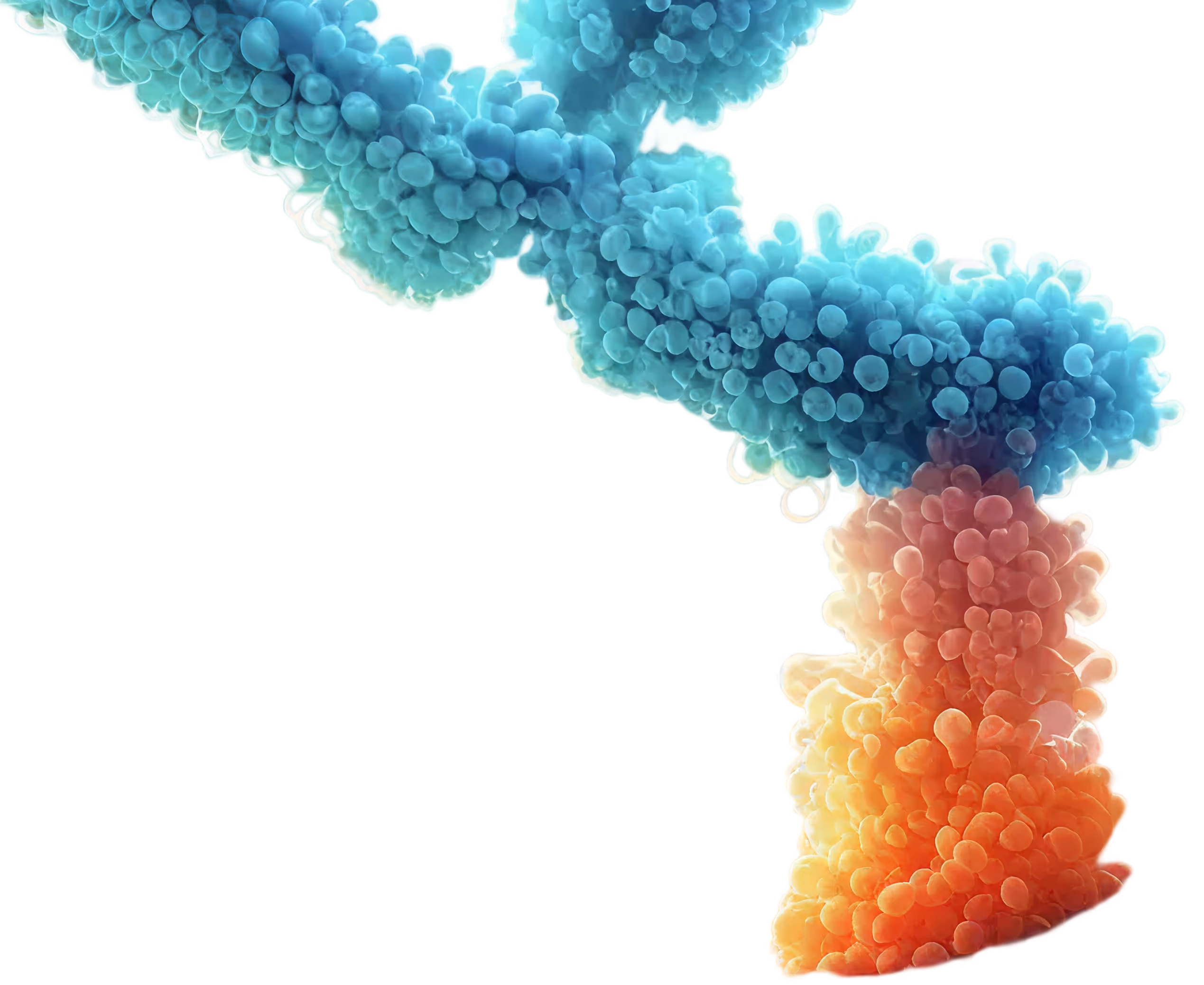 Colorful abstract 3D cloud of small rounded shapes forming a Y-shape, transitioning from blue on top to orange at the bottom.