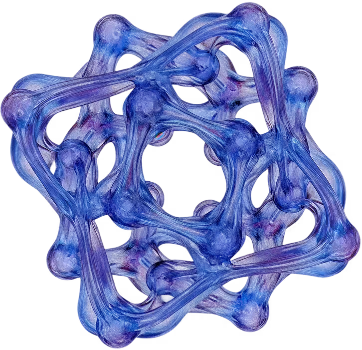 Abstract 3D blue molecular structure with interconnected nodes and smooth organic shapes.