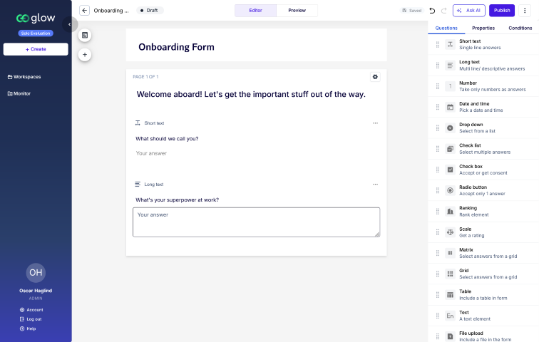Form builder in Glow showing onboarding form with customizable fields and validation