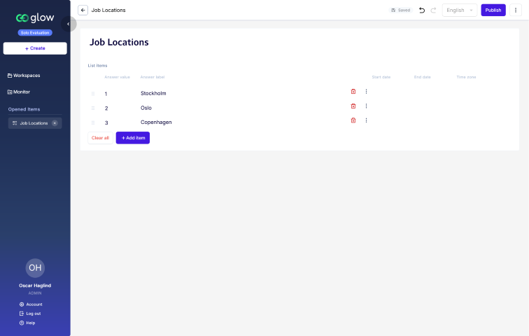 List builder in Glow displaying structured data entries with options to add and manage items