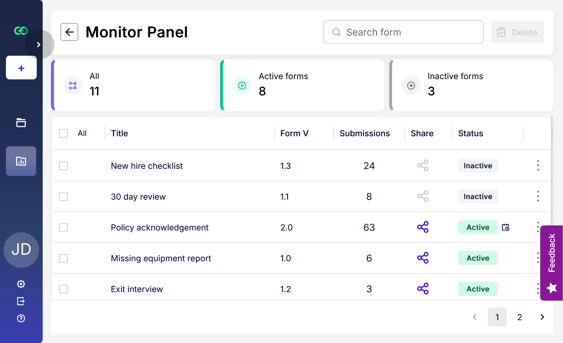 Form builder in Glow showing onboarding form with customizable fields and validation